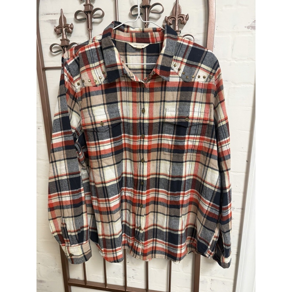 Lucky Brand Plaid Flannel Womens L Relaxed Fit Studded Western Grunge Shacket